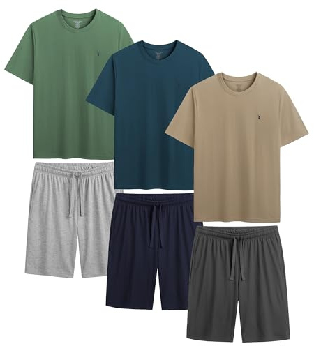 The Essentials Wardrobe 3PK Mens Shorty Pyjamas - Khaki/Blue - Large