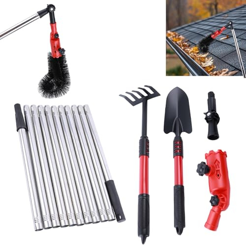 Yallmie Telescopic Gutter Cleaner with Adjustable Angle, 4M/13.12FT Gutter Brush, Shovel & Rake Gutter Cleaning Brush Tool, Gutter Scoop with Extension Pole for Removing Leaves