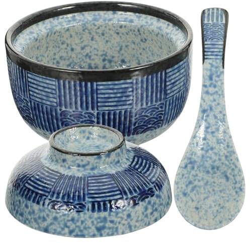 DOITOOL Bol à Soupe Japonerie Avec Couvercle Et Cuillère En Céramique Motif Vague De Mer, Bol Multifonction Pour Ramen Et Miso, 2 Pièces – Service Repas Et Soupe Au Riz Chaude