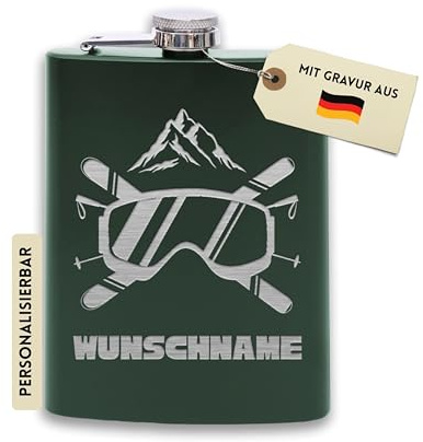 Flanacom Flasque avec gravure en acier inoxydable avec entonnoir 227 ml / 8oz Ski Conducteur Alcool Cadeaux pour hommes Flasque personnalisée avec gravure au choix Noir (Design 3, 8 Oz Vert)