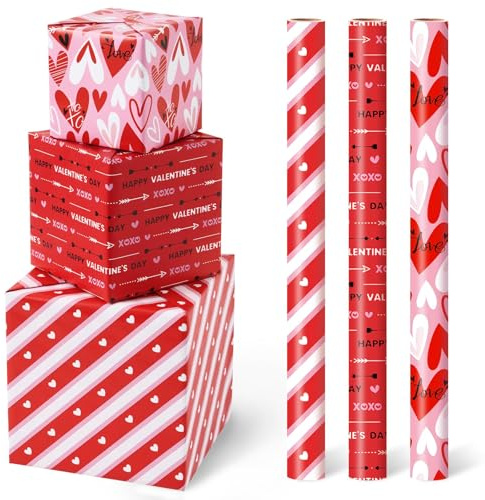 WERNNSAI Valentinstag Geschenkpapier – 3 Rollen rotes Geschenkpapier mit Herz Streifenmuster Liebe Gift Deko Geschenkverpackung für Valentinstag Hochzeit 43 cm x 3 m