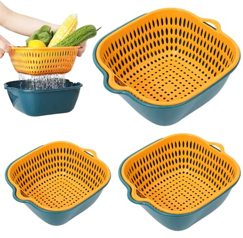 Set di 3 colini per frutta e 3 colini per frutta e ciotole per lavare la Scolapasta in plastica a doppio strato di dimensioni diverse per lavare verdura.
