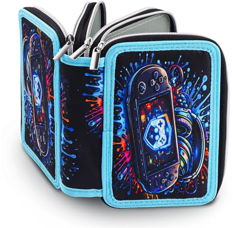 JTgugu Spiel Federmäppchen 3 Fächer, Federmappe Jungen 3Fach Leer, Blau | Federtasche Große Kapazität, Cooles Game Design Stifteetui mit Reißverschluss Mäppchen für Schule Teenager Kinder Junge