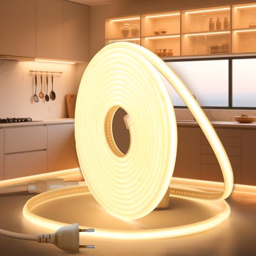 BRIMETI LED Streifen Strip 230V Direktanschluss COB Streifenlicht Aussen 15M Neon Lichterschlauch LED Schlauch Aussenbereich Wasserdicht IP65 Warmweiß 3000K Leiste 320LEDS/M Outdoor Band Mit Stecker