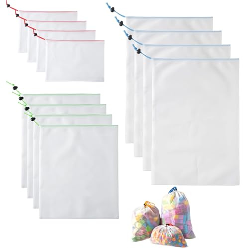 Toy Storage Organization Mesh Bags, 12PCS Drawstring Toy Bag, Toys Storage Bags in 3 Sizes for Grocery, Fruit, Vegetables and Storage, 30 * 35CM/30 * 42CM/20 * 30CM