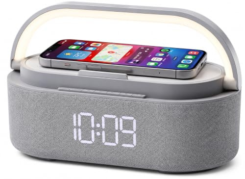 4-in-1 Wireless Charging Alarm Clock Bluetooth Speaker, 15W Fast Wireless Charger, Digital Alarm Clock with Bluetooth Speaker, FM Radio Speaker, LED Clock, Night Light for Bedroom, Office & Home