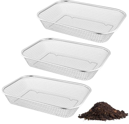 FUNSUEI Lot de 3 tamis de jardin rectangulaires en acier inoxydable - 33,5 x 25 x 6 cm - Tamis à compost - Tamis à sable pour terre et sable