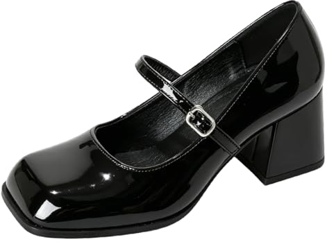 Mary Jane Lackerad Läder Square Toe Pumps, Medium klack Bred Enstaka Spänne Arbete Armband, Svart, 44 EU