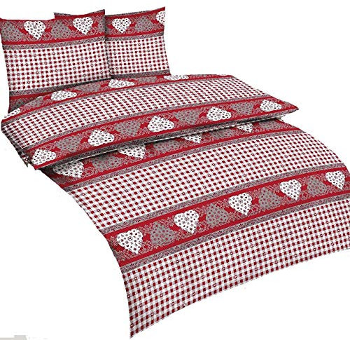 3tlg Winter Bettwäsche Set Fleece Microfaser Landhaus Bauernhaus Karo Herz Übergröße 200 x 200 cm + 80 x 80 cm NEU Weiß Rot Bordeaux Simone
