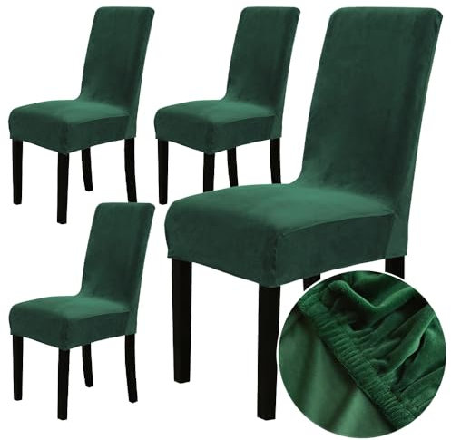 Chickwin Chickw1 Stuhlhussen 4er Set Samt Stuhlhussen für Schwingstühle, Esszimmerstühle Hussen Für Hochzeit, Hotel, Küche, Bankett, Partys Stretch Stuhlhussen (4er,Dunkelgrün)