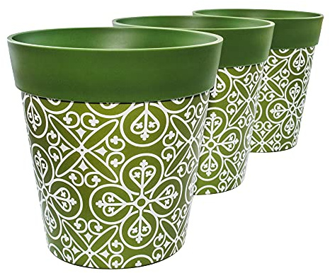 Hum Flowerpots, 22cm, 3 stycken, olika mönster, färger och storlekar, blomkrukor i plast för inomhus- och utomhusbruk Marockansk grön