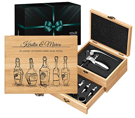 Maverton Weinöffner-Set personalisiert Weinset Sommelier Set - Geschenkbox Holzbox + 8er Weinzubehörset - aus Bambus - Braun - Geschenk Hochzeit Hochzeitstag Paar - Liebe zum Wein