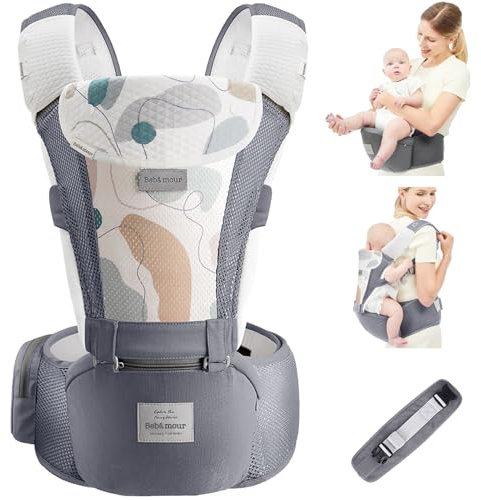 Bebear Babytrage,Bebamour Babytrage für 0-36 Monate, 3D Air Mesh Babytrage Rucksack für Neugeborene bis Kleinkinder,ergonomischer 6 in 1 Fronttrage (3D Air Grey with Designed)
