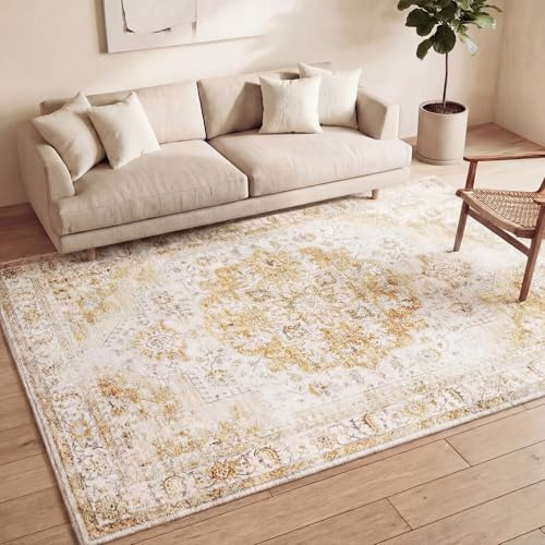 FRAAI | Home & Living Vintage Teppich - Lago Gelb - 200x290 cm - Baumwolle, Polyester - Flachgewebe - Vintage - Orientalisch - Wohnzimmer, Esszimmer, Schlafzimmer