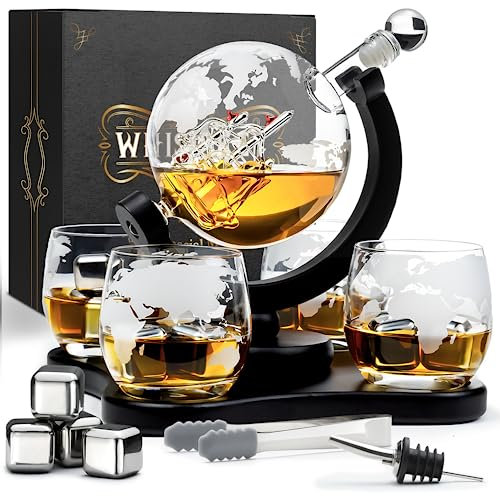 WHISISKEY Decantador de Whisky - Jarra de whisky - Decantador 900ml - Set de Regalo de Whisky - Regalos Originales para Hombres - 4 Vasos de Whiskey x 285ML, 4 Piedras de Whisky, Accesorios