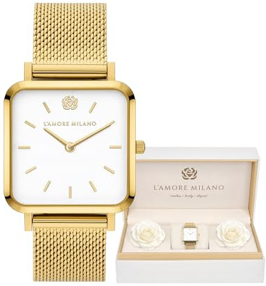 L'AMORE MILANO Damenuhr Rosenbox - Hochwertige Armbanduhr Edelstahl mit luxuriösem eckigem Design, wasserdicht 3 ATM - Edles Geschenk für Frauen, Freundin, Mutter - 28mm quadratische Damen Uhr Mesh