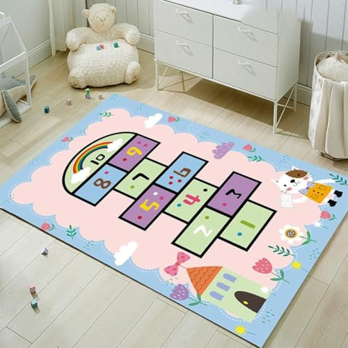 FODELIUY HüPfspiel Teppich Kinderzimmer, Hopscotch Rug, HüPfkäStchen Matte, Spielteppich MäDchen Jungen, HüPfmatte Kinder(80×120cm)