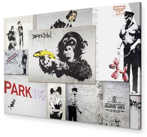 B&D XXL - Akustikbild Banksy Collage Bilder Akustikschaum Hochleistungsschallabsorber Schallschutz Leinwand 1 tlg Wandbild Raumakustik Schalldämmung Graffiti Straßenkunst