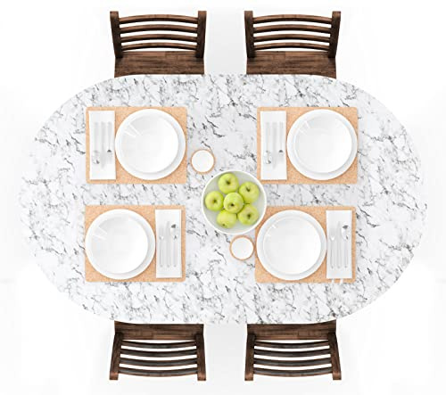 UMINEUX Oval Fitted Vinyl Tablecloth with Elastic Edged & Flannel Backing, Waterproof Wipeable Oval Table Cover - Fits Tables up to 42X68 (WhiteMarble)