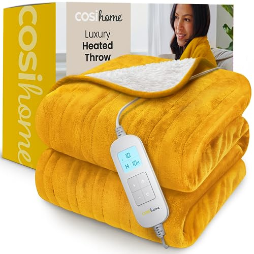 Cosi Home Elektrisk Värmefilt, elektrisk filt, Extra stor värmefilt, maskintvättbar fleece och sherpa med digital fjärrkontroll, timer och 10 värmeinställningar - Senap