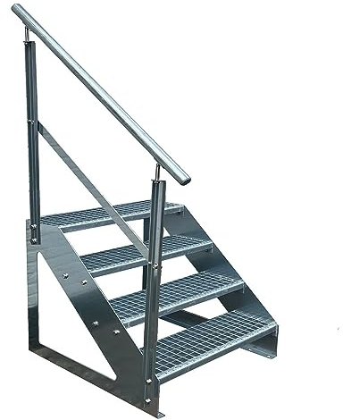 Premium Caillebotis acier Escalier à limon 4 Marches Autoportant Entièrement galvanisé avec garde-corps à gauche - Dimensions (L x l x H) 82cm x 120cm x 76cm
