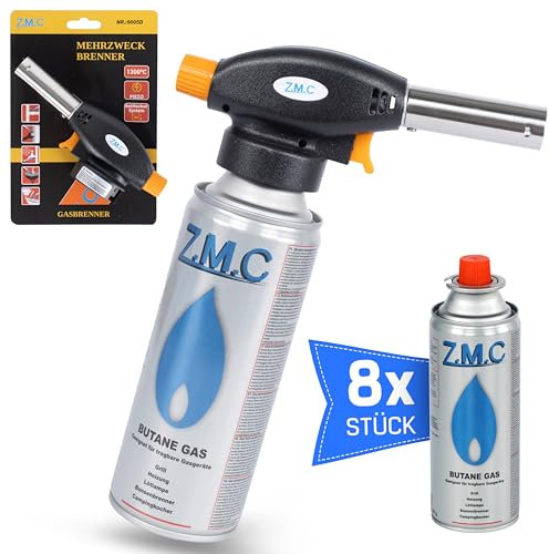 Z.M.C Gasbrenner + 8x Gaskartuschen 227g, Flambierbrenner Temperatur bis zu 1300°C, Schweißbrenner mit Piezo-Zündung, Bunsenbrenner Lötbrenner 1,3 KW, Brenneraufsatz mit einstellbarer Flamme