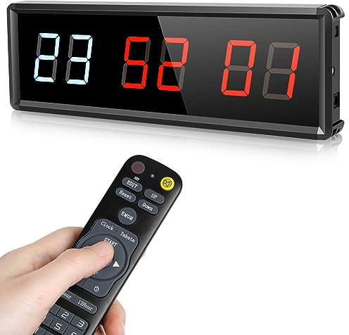 PELLOR Temporizador de Gimnasio Sports Timeter, 1.5 Temporizador Intervalos Fitness LED Programable con Cronómetro,Brillo Ajustable, Reloj de Entrenamiento con Control Remoto para Casa Garaje Externo