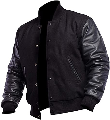 LP-FACON Vestes universitaires pour homme – Blouson de baseball Bomber High School Noir Letterman, XL