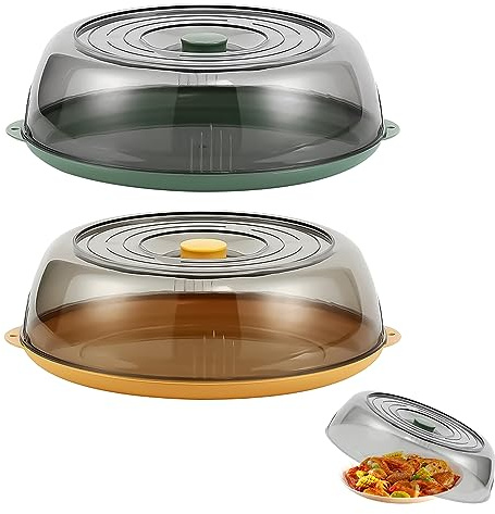 Qivine 2 Stück Mikrowellen Abdeckung, 28 x 28 x 9 cm Kunststoff Transparent Mikrowellenhaube mit Tablett, Stapelbar Spritzschutz Tellerglocke für Obst Gemüse, BPA-frei