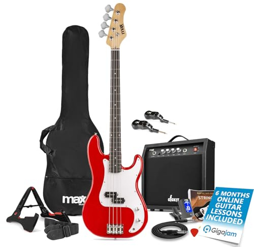 Max GigKit Wireless Beginner Bass Guitar Set - Electric Starter Bass Pack with 40W Amplifier, Wireless System, Accessories & Online Lessons - Red Finish