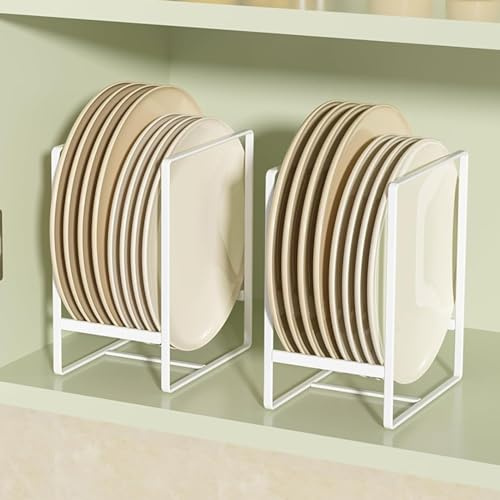 QUMENEY 2 Pack Large Plate Holders Organizers Plate Racks Upright Dish Drying Racks space saver plate dispenser for Kitchen Cabinets and Countertop (White)