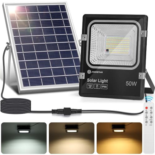 Aigostar - Foco solar exterior con mando a distancia,50W,regulable 3000/4000/6500K. 5000mAH,Batería de gran capacidad.Cable de 2m.Uso interior/exterior IP66: jardín, patios,caminos o garaje