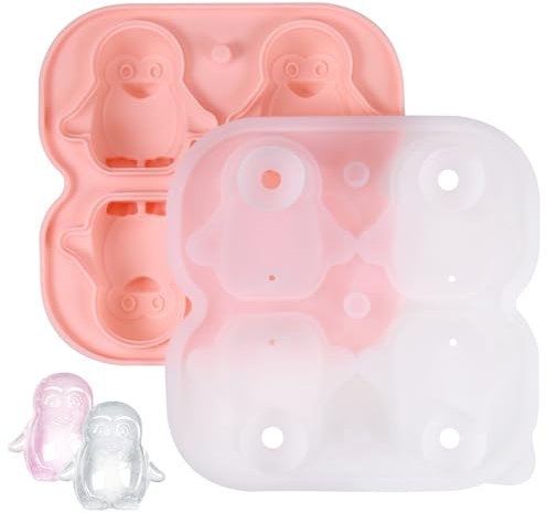 Kssvzz Eiswürfelform Silikon Pinguin-Form, 4 Fächer Eiswürfel Form mit Deckel Eiswürfelform, Silikon Stieleisformen Klein Eis Form mit Wasserinjektionstrichter für Cocktail, Whisky, Zurück
