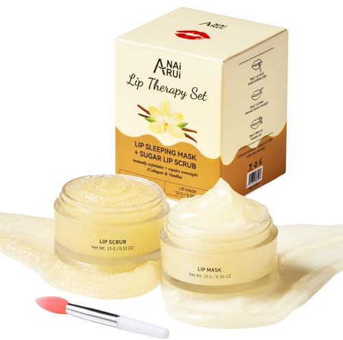 ANAiRUi Lip Scrubs Exfoliator Moisturizer, Lip Sleeping Mask Sugar Lip Scrub, Lip Mask Overnight for Lip Line Wrinkle Treatment, Lip Balm for Dry Chapped Lines Lips, (Vanilla & Collagen, Peptide)