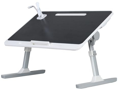 Haloppe Tavolino da letto per computer portatile, regolabile, con porta USB e cassetto portaoggetti, gambe pieghevoli, per divano letto, pavimento (piccolo ventilatore, piccola lampada), nero