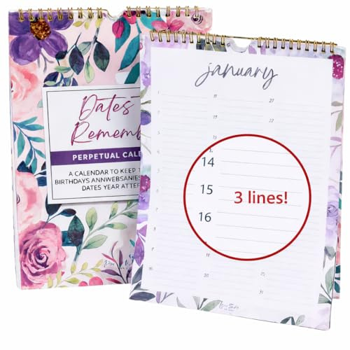 Paper 'n Such Perpetual Calendar Extra Large Wall Hanging Dates to Remember Book for Birthdays and Anniversaries -12 Months -Important and Special Days 8.5x11 - Floral - 3 Lines Per a Day