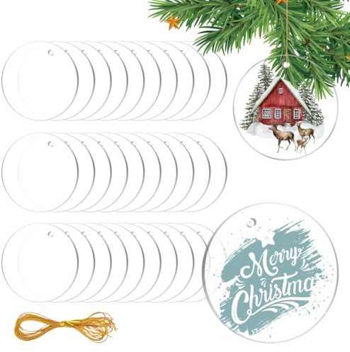 VOPIWOZ 30 Stück Acrylglas Platte, Acrylplatte Transparent mit Goldseil, Acrylscheibe Rund mit Loch, Weihnachtskugeln zum Bemalen, Geeignet für Christbaumschmuck, Hochzeitsdekoration