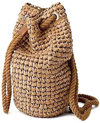 Keuyeo Mochila De Paja De Verano Hecha a Mano con Cordón, Bolsos De Hombro De Playa, Bolsos De Viaje Tejidos De Rafia Y Ratán, Mochilas Bali para Mujer