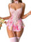 GORGLITTER Women's Floral Lace Lingerie Sets 3 Piece Carter Sexy Cut Out Sleeveless Bodysuit And Tights Set Pink L