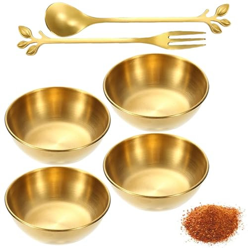 Bamyli 4 Pcs Gold Dipping Bowls, 3.2 Inch Stainless Steel Dip Bowls, Sushi Dipping Bowls, Appetizer Serving Plates with 1 Spoon & 1 Fork for Kitchen Home Restaurant