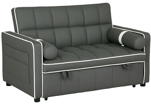HOMCOM 2 Seater Sofa Bed, Click Clack Pull Out Sofa Bed with Adjustable Backrest and Pillows, 3-in-1 Modern Tufted Settee for Living Room, Bedroom, Guest Room, Charcoal Grey