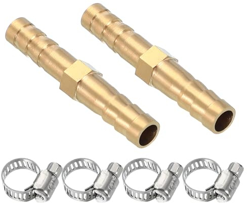 PATIKIL 1/4 Brass Hose Barb Fitting,2 Set Barb Union Fittings Metals Splicer Mender Connector Barbed Adapter Air Hose Repair Kit with Hose Clamp for Water Oil Fuel Gas