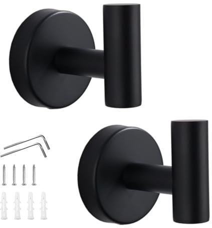 HTRTRR Set di 2 ganci per asciugamani da bagno, in acciaio inox 304, con viti, colore: nero opaco