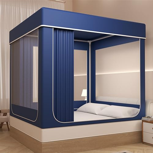 Dream Tent Betthimmel für Kinder und Erwachsene, tragbares Doppelbett, 3-türiges Bettzelt mit 80 % Verdunkelung, atmungsaktivem Stoff und privatem Schlafplatz, Dunkelblau, Queen-Size-Größe