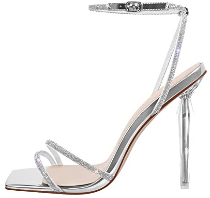 Meinabsatz Sandales à lanières pour femme - Talons hauts - Sandales carrées à paillettes, argenté, 43 EU