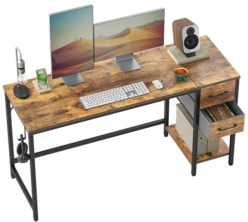 CubiCubi Schreibtisch mit 2 Schubladen und Kopfhörerhaken, 140×50×75cm Kleiner Computertisch, Bürotisch, für Arbeitszimmer, Schlafzimmer, Metallgestell, Vintagebraun