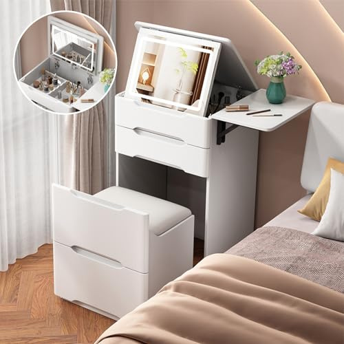 Schminktisch mit Beleuchtung Schminken Dresser mit Spiegel Vanity Desk | Compact Dressing Table, Frisiertisch, 50x40x82 cm, Rollen Hocker, Flip Top, 3 in 1 Klein, Aufklappbarem Mirror