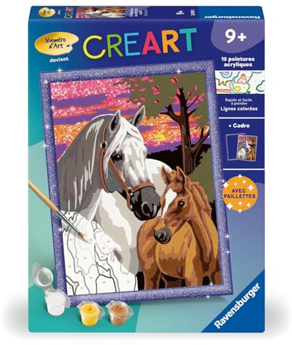 Ravensburger - CreArt Kids 18x24 cm - Numéro d'art - Chevaux au Coucher du Soleil - Kit de Peinture par numéros - avec Effet Scintillant - Dès 9 Ans - 25809