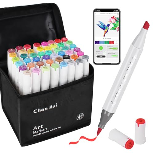 Aedaga Chen Rui 48 colori Pennarelli a base alcolica con app gratuita, pennarelli a pennello e a punta a scalpello per adulti, pennarelli per disegno di anime e manga e schizzi,