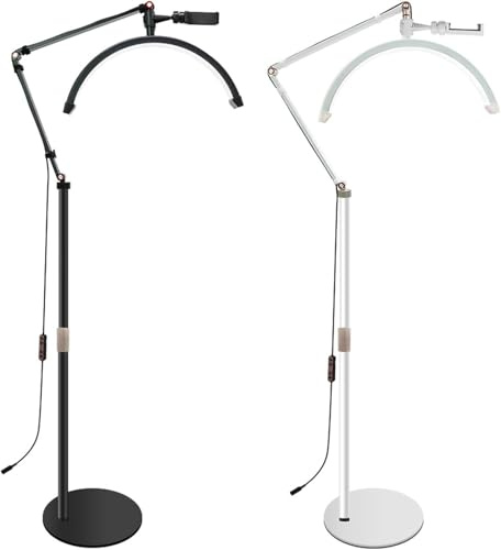 Lampada da Terra LED per Ciglia Lampada a Mezzaluna con Supporto per Telefono, Luminosità E Altezza E Temperatura Colore 3000-6000K Regolabile, per Tatuatori, Nail Tech,estetista,ciglia bianca o nera
